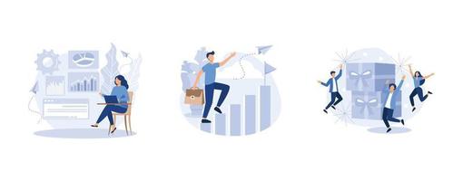 office workers are studying the infographic, people run to their goal on the column of columns, employee receives a gift, set flat vector modern illustration