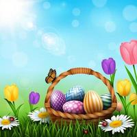 Easter greeting card with a full basket of colorful eggs and flowers in the grass vector