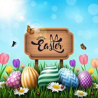 Easter greeting card with wooden sign and colorful eggs and flowers in the grass vector