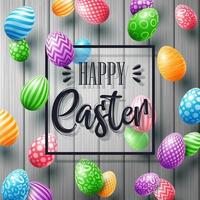 Happy Easter greeting card with colored eggs and frame on cute doodle background vector