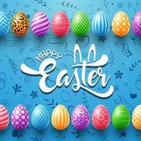 Happy Easter greeting card with colored eggs and frame on cute doodle background vector