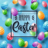 Happy Easter greeting card with colored eggs and frame on cute doodle background vector