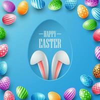 Happy Easter card with bunny ears hiding in egg hole and colorful eggs vector