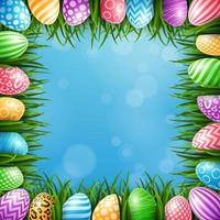 Happy Easter background with colored eggs and grass on blue sky background vector