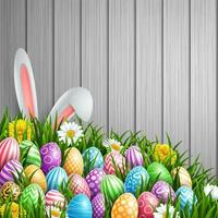 Easter greeting card with two bunny ears and colorful eggs on blue background vector