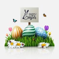 Easter greeting card with colorful eggs and flowers in the grass vector