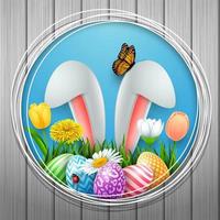 Easter round frame with colorful eggs, bunny ears, flowers, grass, and insects on wood wall background vector