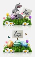 Easter greeting card with a little rabbit, colorful eggs, and flowers in the grass vector