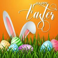 Easter greeting card with two bunny ears and colorful eggs on blue background vector