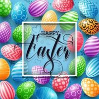 Happy Easter greeting card with colored eggs and frame on cute doodle background vector