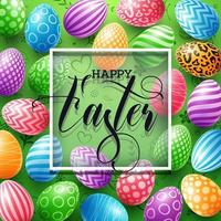 Happy Easter greeting card with colored eggs and frame on cute doodle background vector