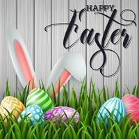 Easter greeting card with two bunny ears and colorful eggs on blue background vector