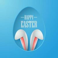 Easter card with paper egg shape frame with bunny ears in egg hole on blue background vector