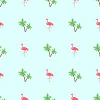 Seamless pattern with flamingos bird and palm trees on green background vector