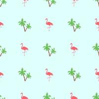 Seamless pattern with flamingos bird and palm trees on green background vector