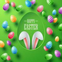 Happy Easter card with bunny ears hiding in egg hole and colorful eggs vector