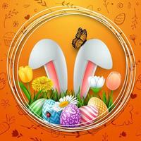 Pascua feliz con huevos de colores, orejas de conejo, flores, mariquita y mariposa en el marco de fondo redondo vector