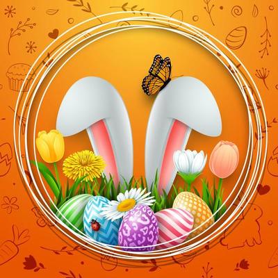 Happy Easter with colored eggs, bunny ears, flowers, ladybug, and butterfly in frame round background