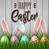 Easter greeting card with two bunny ears and colorful eggs on blue background vector