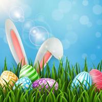 Easter greeting card with two bunny ears and colorful eggs on blue background vector