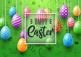 Happy Easter greeting card with colored eggs and frame on cute doodle background vector