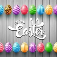 Happy Easter greeting card with colored eggs and frame on cute doodle background vector