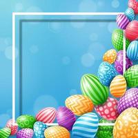 Collection of colorful eggs with frame empty for text on a blue background vector