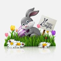 Easter greeting card with a little rabbit, eggs, and flowers in the grass vector