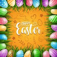 Happy Easter background with colored eggs in the grass on cute doodle background vector