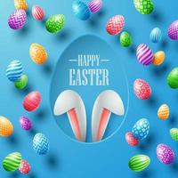 Happy Easter card with bunny ears hiding in egg hole and colorful eggs vector