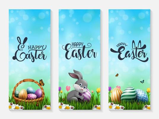 Collection of Easter banners with Easter eggs, little bunny, and basket in the grass