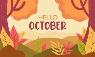 hola fondo de octubre, banner de saludos de otoño con árboles de otoño en el bosque vector