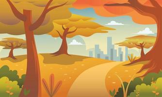 Autumn forest panoramic illustration vector background. Falling leaves with countryside scene