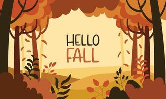 Hello Fall Background, Autumn greetings Banner with falling leaves in forest scene vector