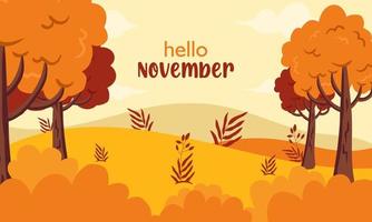 hola noviembre saludos de otoño banner con árboles de otoño y fondo de ilustración de paisaje vector