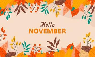 hola noviembre, fondo de otoño, banner de saludos de otoño con ilustración floral vector