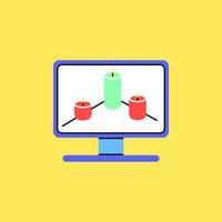 Computer with crypto graph candles icon element in modern flat line style. Hand drawn vector illustration of cryptocurrency, financial market cartoon design. Simple badge, emblem, logo, decoration.