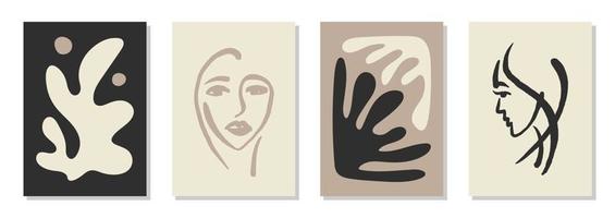 Set of 4 Matisse inspired wall art posters, brochure, flyer templates, contemporary collage. Organic line abstract and woman faces, hand drawn design, wallpaper. Dynamic shapes graphic vintage vector