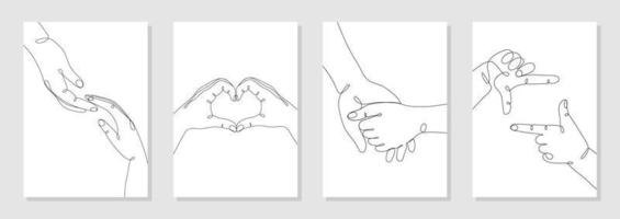 Single line drawn hand gestures set, minimalistic human hands showing love, heart, romantic, relationship sign, barely touching, frame, focus. Dynamic continuous one line graphic vector posters