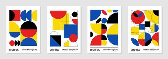 Set of 4 minimal vintage 20s geometric design posters, wall art, template, layout with primitive shapes elements. Bauhaus retro pattern background, vector abstract circle, triangle and square line art