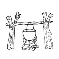 Vector Doodle Camping Pot with Soup Hanging on Wooden Log.Hand Drawn Travel Cooking on the Bonfire in Sketch style.Line Hiking Food in Cauldron for Design,Web, Graphic,Print.Outline Forest Lifestyle.