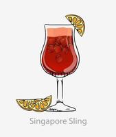 Cocktail singapore sling. Red cocktail ice cubes orange slice long drink alcohol gin cherry orange liquor grenadine served highball vector glass, category modern classic.