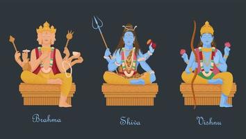 Gods of hinduism vishnu, shiva, brahma. Three main hindu deities creators of universe four headed vector brahma with rosary shiva trident and snake cartoon vishnu bow and lotus.