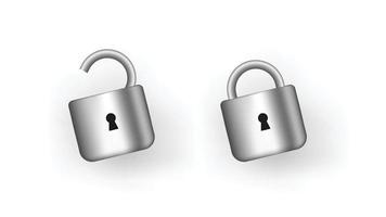 Open and closed padlock. Security protection and data unlocking by user trustworthy steel symbol confidential information with vector data storage.