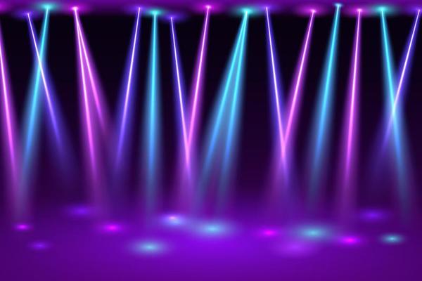 Disco hall with spotlights. Bright flashes of neon lamps on empty festive stage