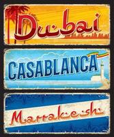 Dubai, Casablanca, Marrakesh city travel stickers vector