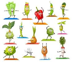 Cartoon vegetable characters on yoga and pilates vector