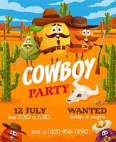 Cowboy party flyer with Western fruit characters vector