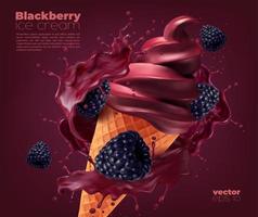 Blackberry soft ice cream, wafer cone with splash vector