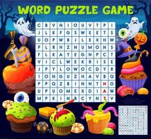 Halloween sweets wordsearch puzzle game worksheet vector